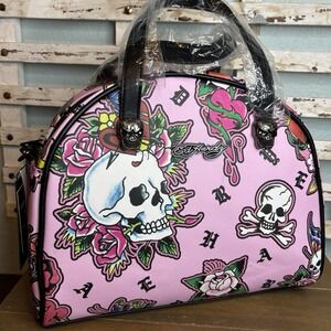 Ed Hardy Pink Y2K Thermal‎ Lunch Tote Hot or Cold Dual Straps Skulls Butterflies